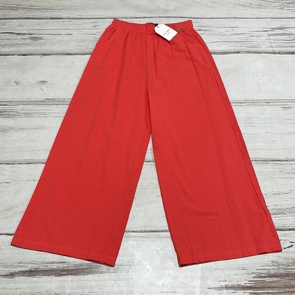 Cellabie Pants NWT Red Orange Wide Leg Cropped Pockets Size Large - Picture 1 of 12
